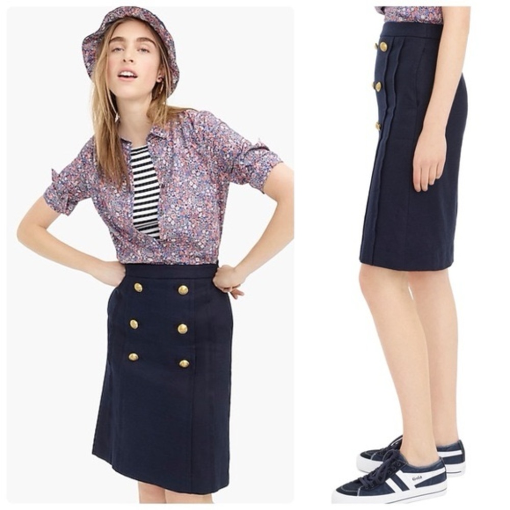J. Crew NWOT Dark Blue Pencil Skirt with Gold button Accents